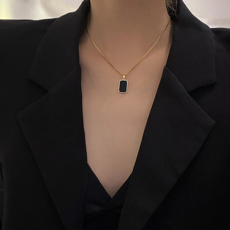 Minimalist Black Onyx Pendant Necklace — Stainless Steel