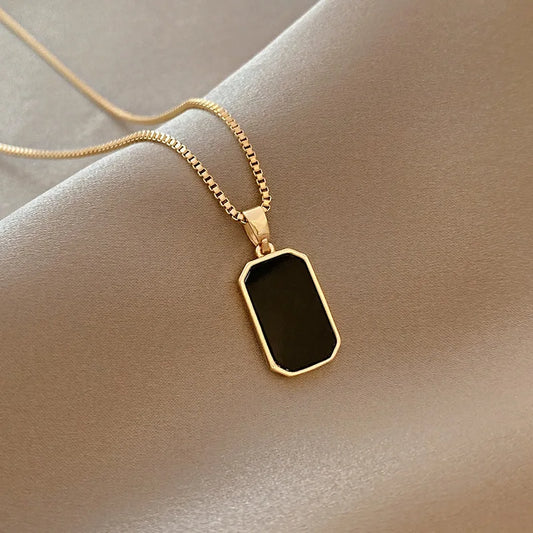 Minimalist Black Onyx Pendant Necklace — Stainless Steel
