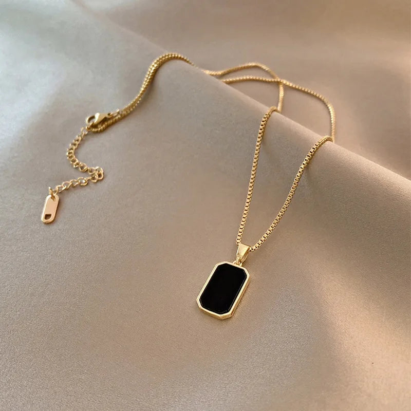 Minimalist Black Onyx Pendant Necklace — Stainless Steel