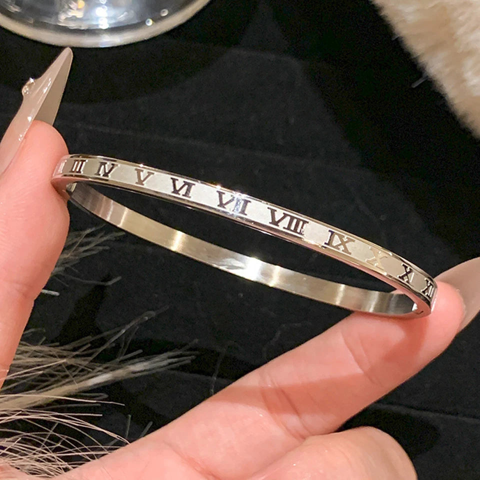 Minimalist Roman Numeral Bangle — Stainless Steel