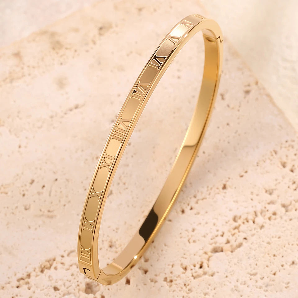 Minimalist Roman Numeral Bangle — Stainless Steel