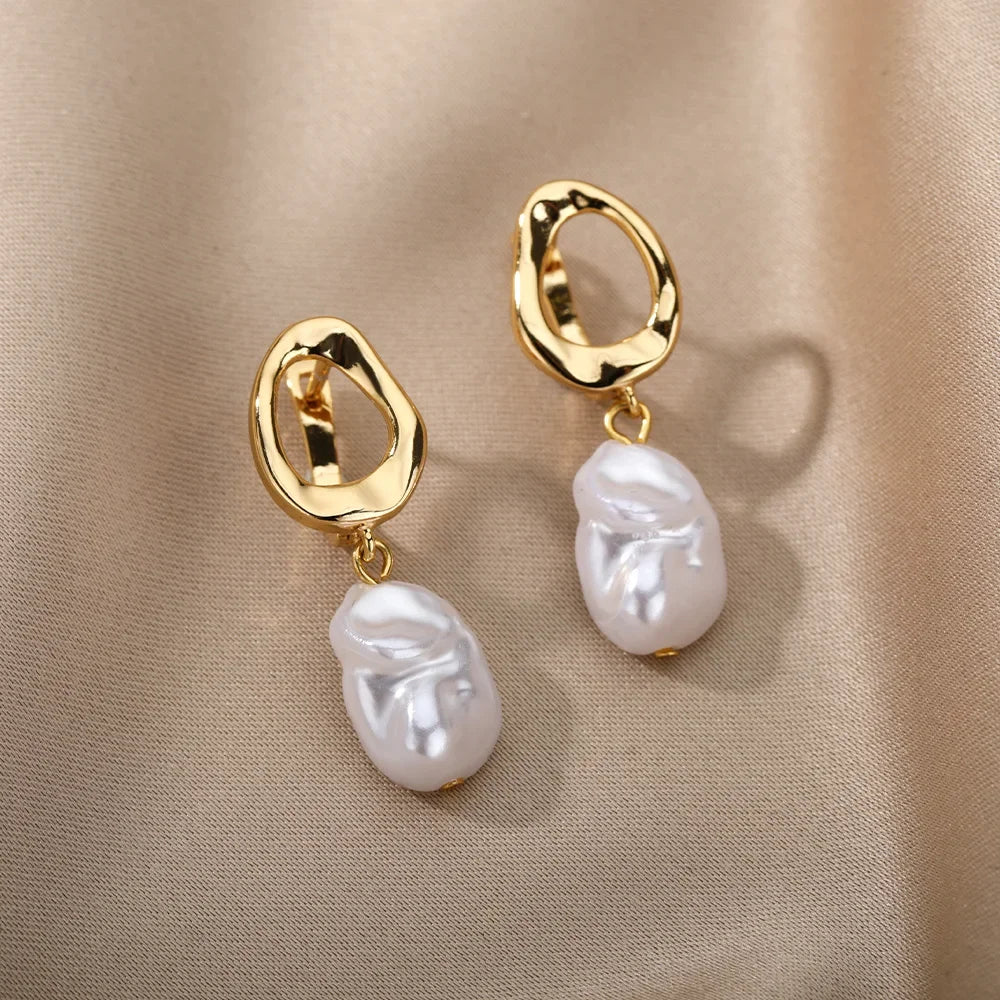 Minimalist Pearl Drop Earrings — Stainless Steel