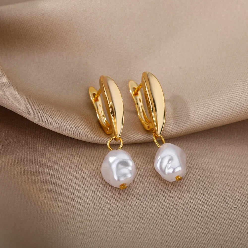 Minimalist Pearl Drop Earrings — Stainless Steel