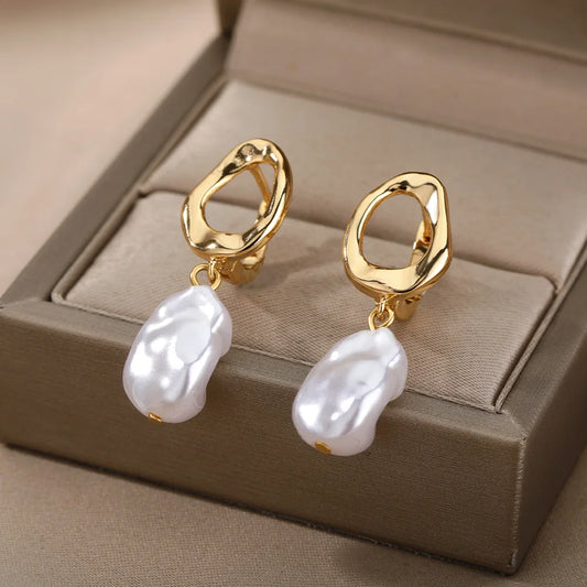 Minimalist Pearl Drop Earrings — Stainless Steel